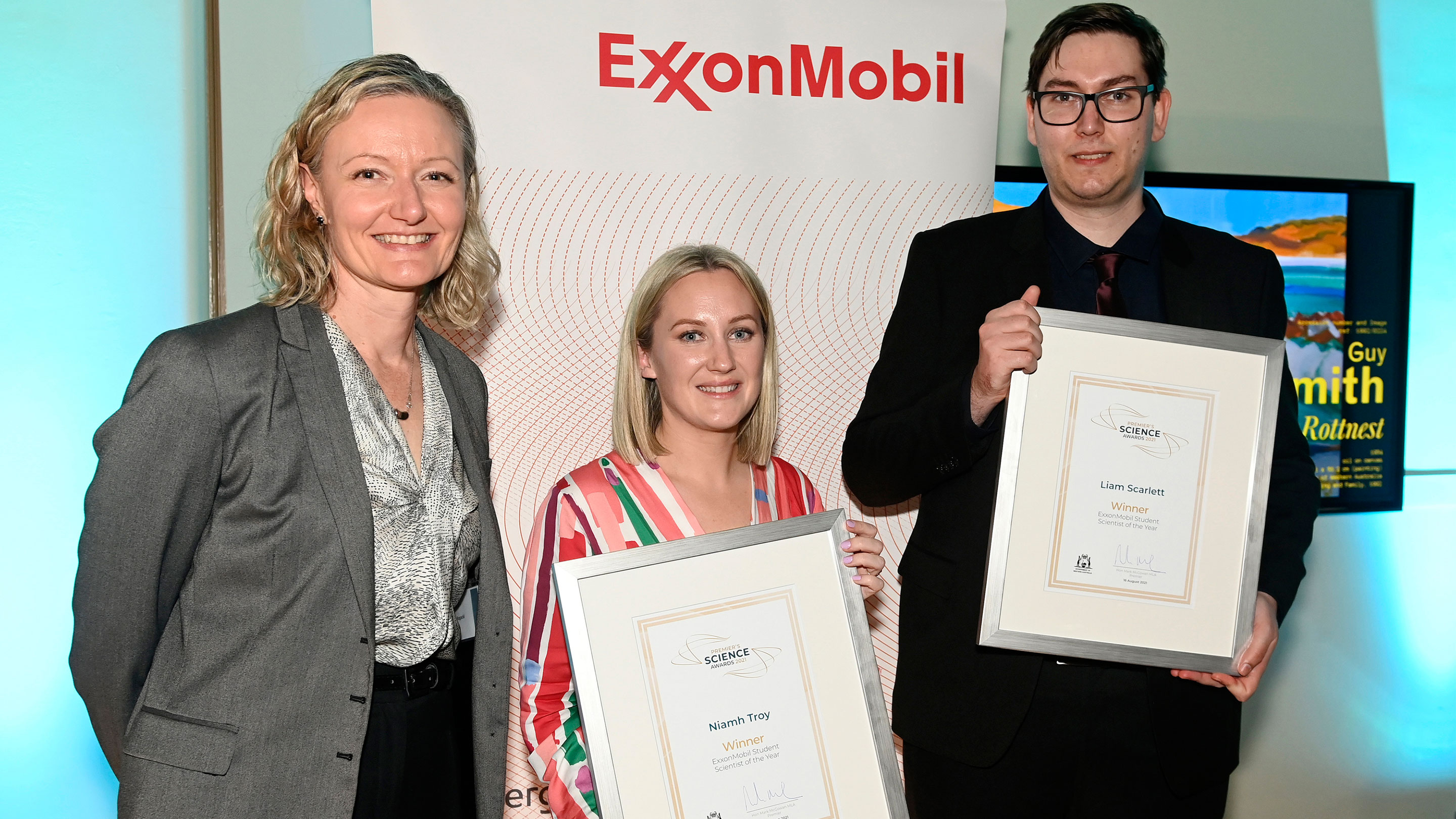 Image Margaret Rogacki, ExxonMobil Australia LNG General Manager (far left) had the privilege of presenting 2021 ExxonMobil Student Scientists of the Year Niamh (centre) and Liam (right) with their WA Premier's Science Awards during National Science Week.
