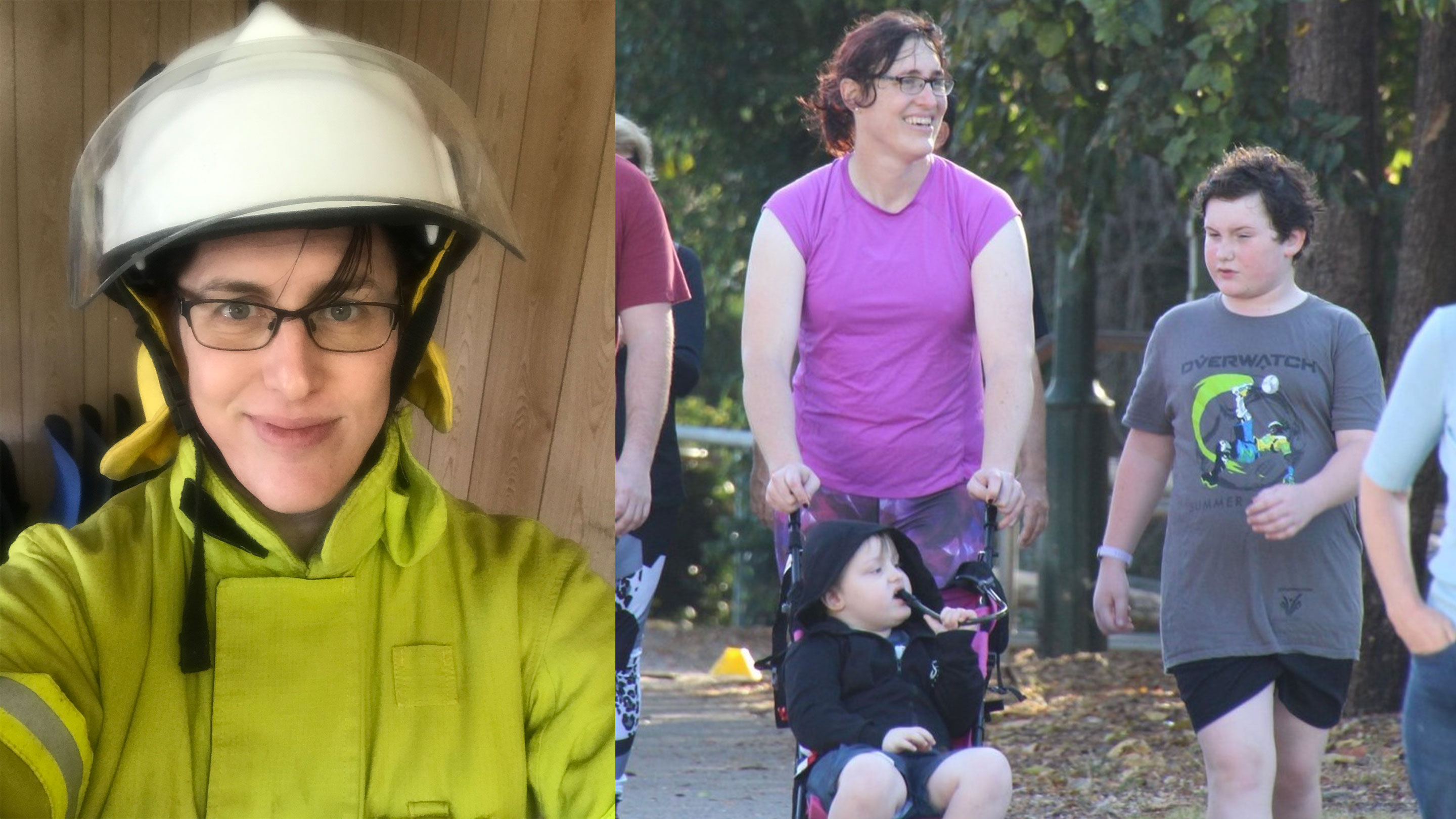 Image Marney after completing fire training at the Longford Training Ground and a photo of her and her children getting moving during one of their park run sessions.