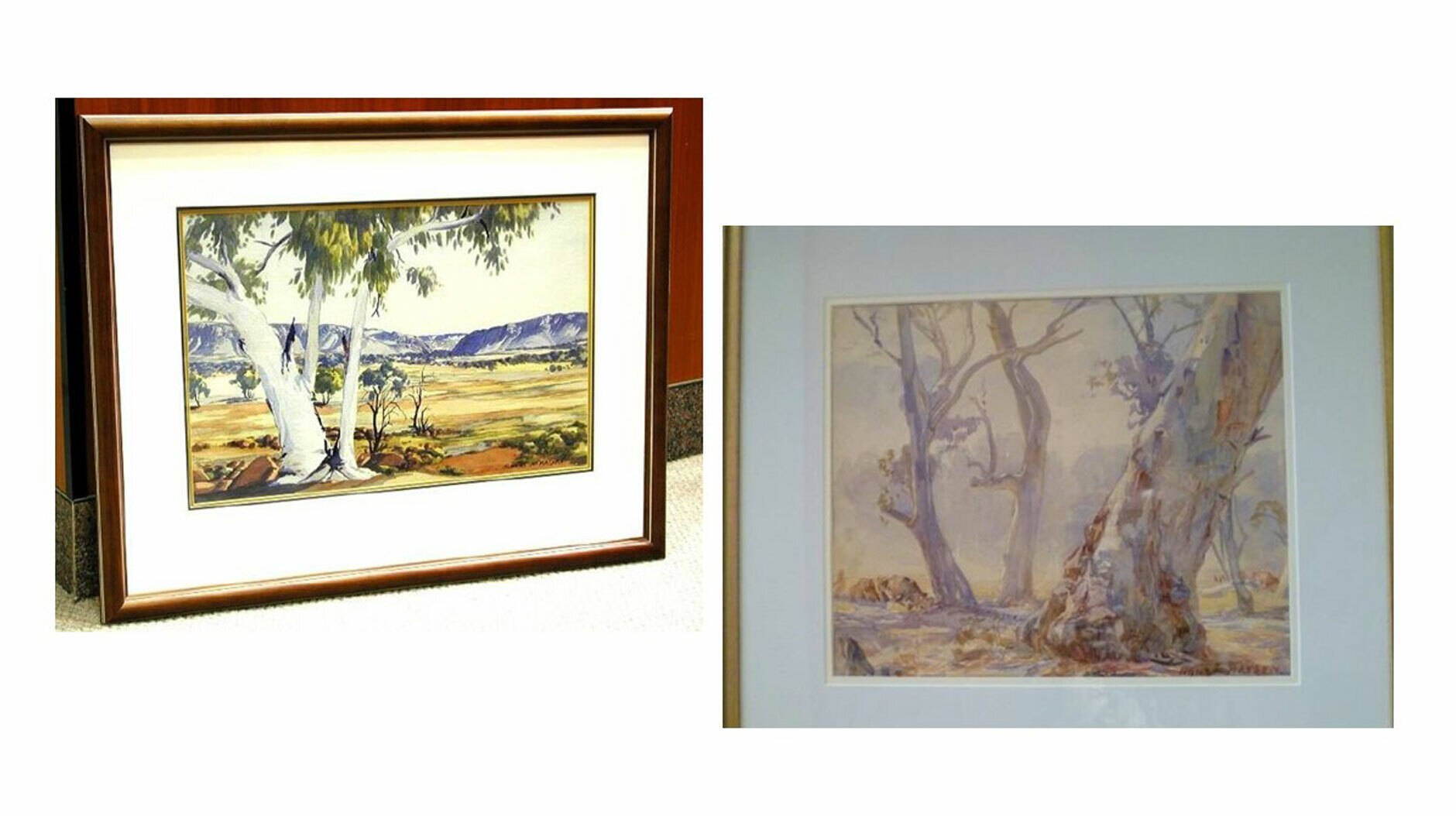 Image Photo — Albert Namatjira – McDonnell Ranges at Heavitree Gap (left) and Hans Heysen – Summer Light (right).
