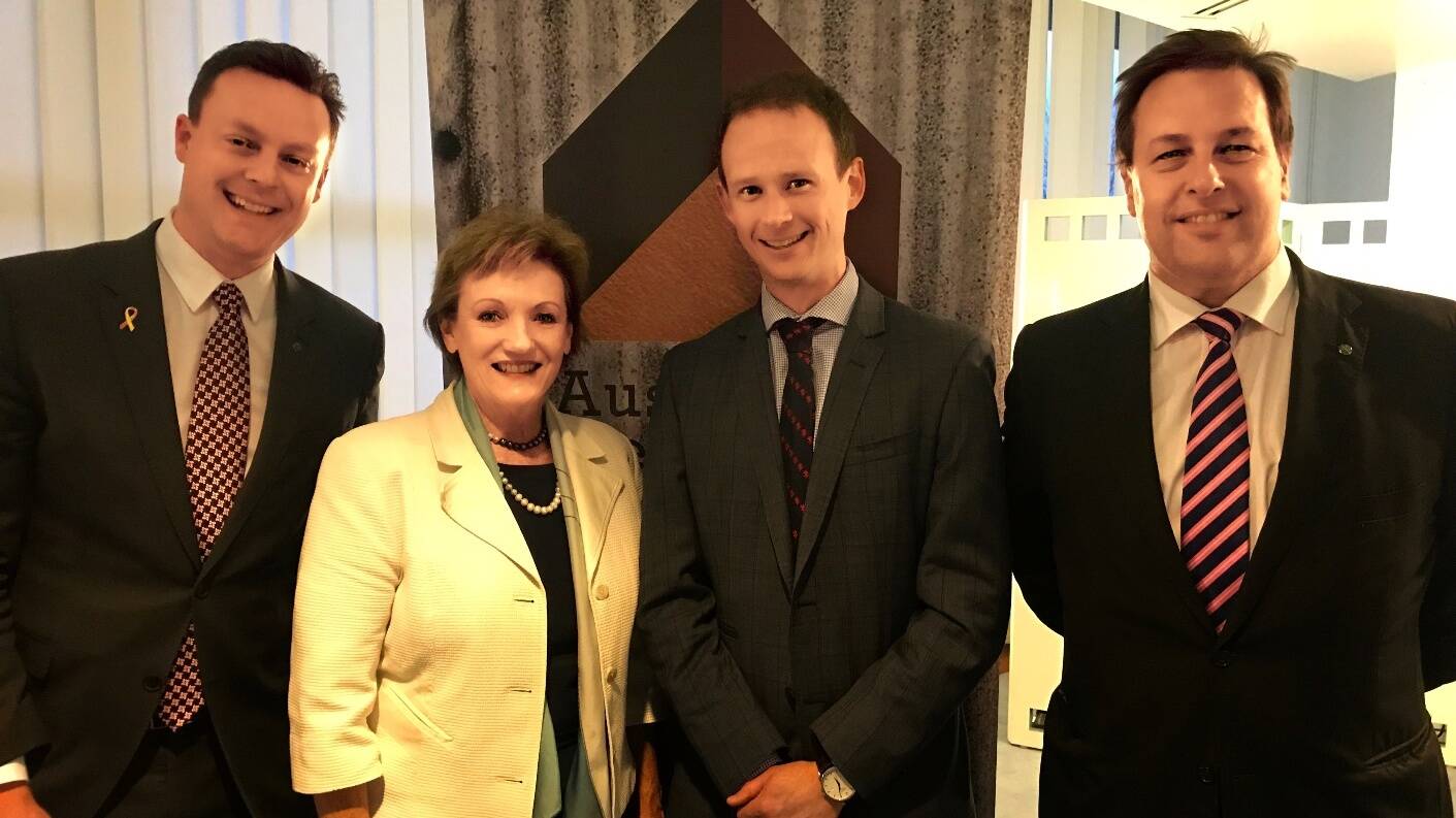 Image Photo — Tristan Menalda (second from right) at the launch in Parliament House with MPs (from left) Chris Crewther, Jane Prentice and Jason Falinski. “Men’s Sheds provide a much-needed service.”