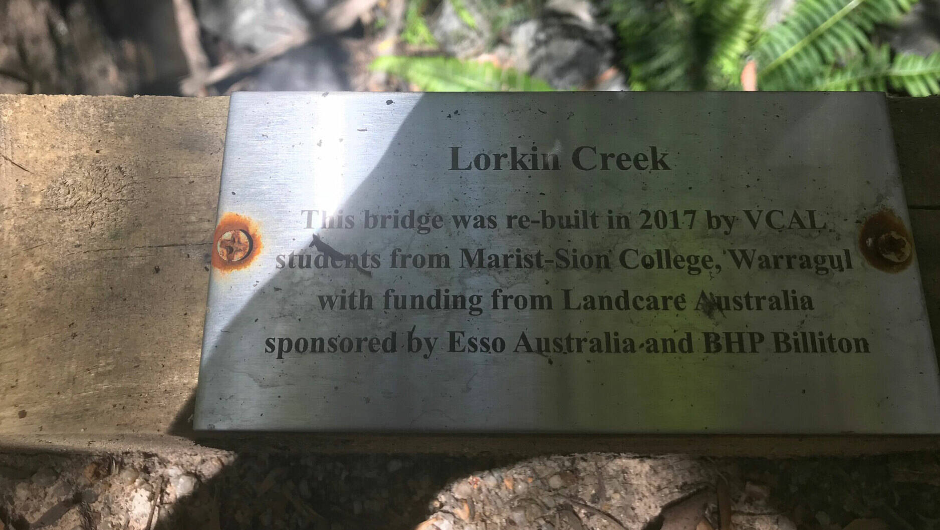Image Photo — Plaque on the newly upgraded boardwalk bridge at Mt Worth National Park.