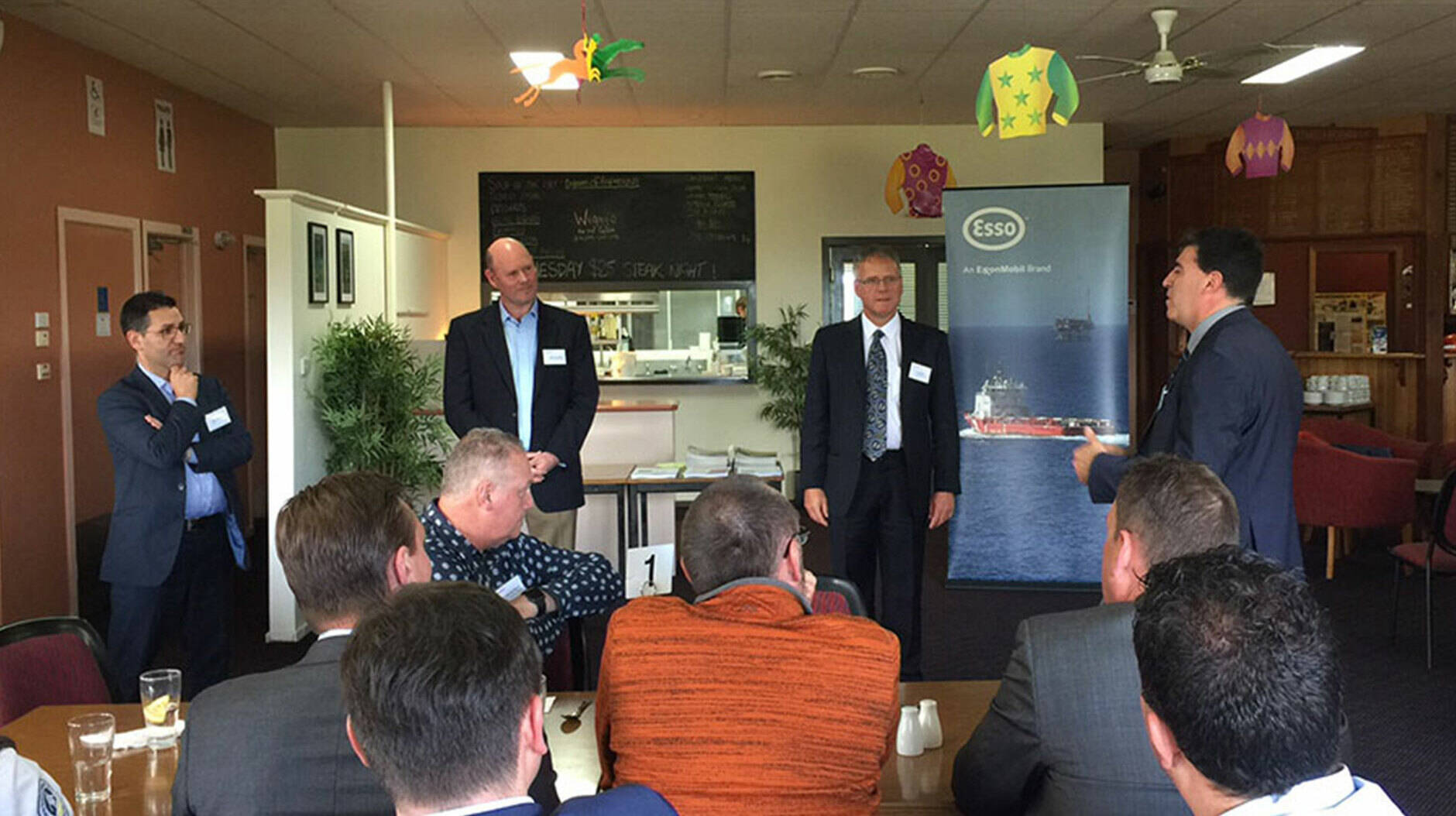 Image Photo— Michael Sousa, Ports Director, Qube (pictured left), Mark Duthie, Barry Beach Marine Terminal Superintendent, Esso Australia (pictured centre) and Geoff Humphreys, Offshore Operations Manager, Esso Australia (pictured right) answer questions at the 2017 Barry Beach Marine Terminal Community Lunch at Foster.