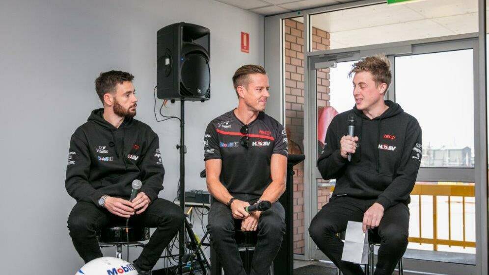 Image Photo Scott Pye, James Courtney and Andrew Wiles discuss race driving at Yarraville Terminal.