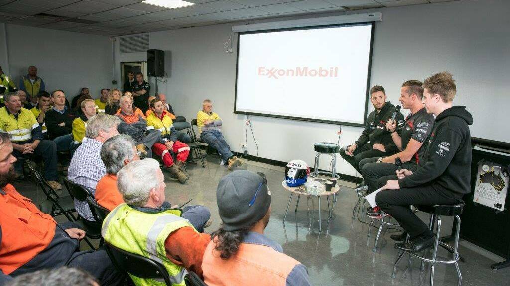 Image Photo— Scott Pye, James Courtney and Andrew Wiles discuss race driving at Yarraville Terminal.