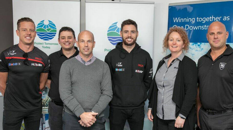 Image Photo— Shaun de Blaquiere (front) with (from left) James Courtney Mobil 1 HSV Racing Team driver, Evan O’Brien from Southern Cross Lubes, Scott Pye Mobil 1 HSV Racing Team driver, Wholesale Fuels Territory Manager Mandy Humphries and Lubes and Specialties Industrial Advisor Brenden Tymensen at the Driver Appreciation Day.