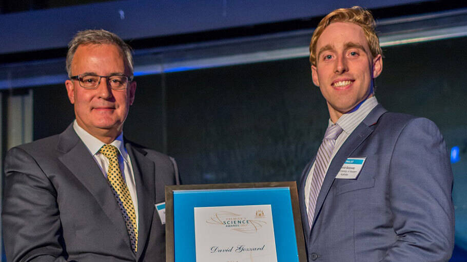 Image Photo  Gerry Borghesi presents the ExxonMobil Student Scientist of the Year Award to David Gozzard. As a science and technology company, ExxonMobil is acutely aware of the importance for great technical minds like Davids to societys future wellbeing.