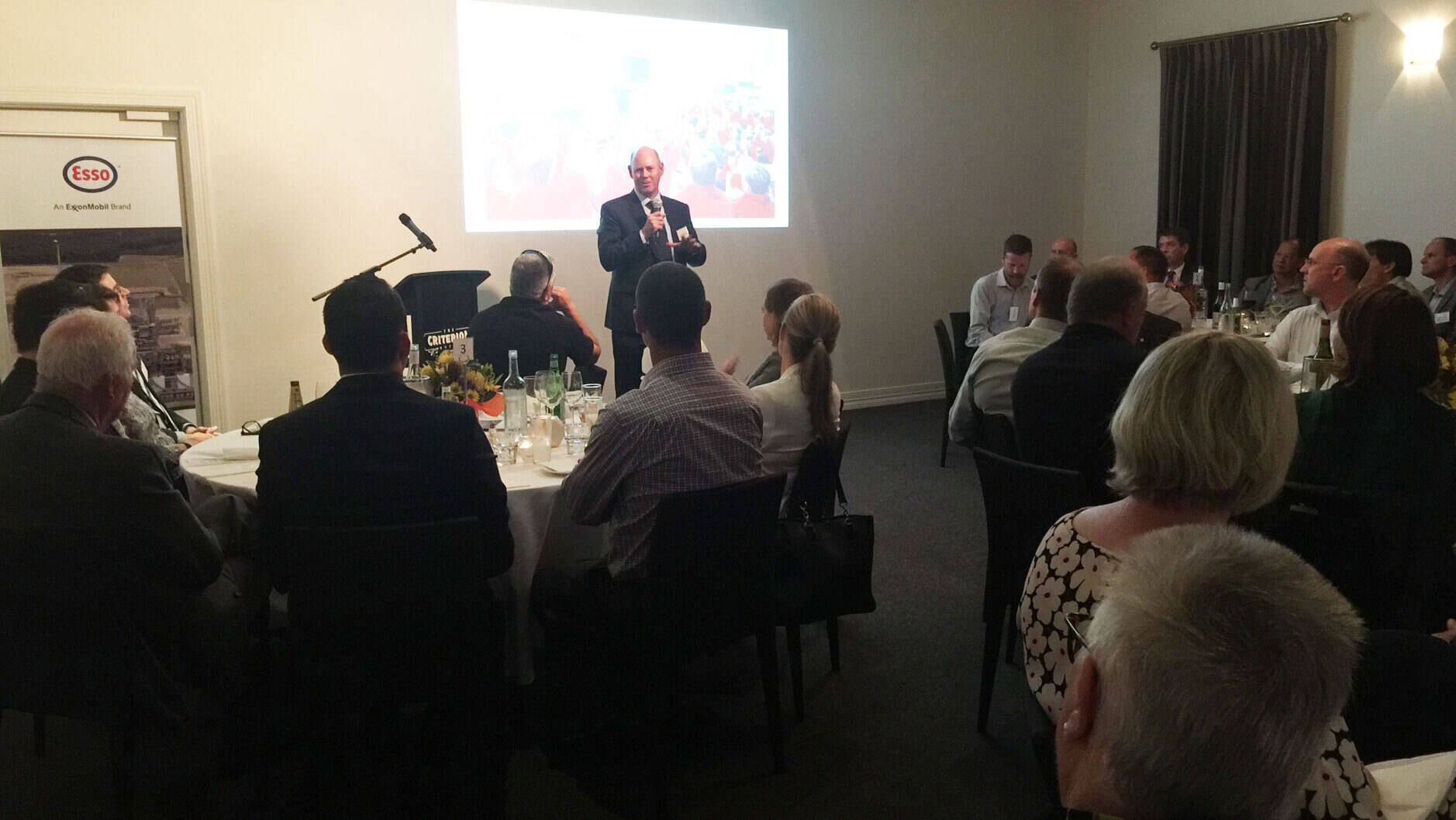 Image Photo— Offshore Operations Manager Geoff Humphreys speaks at the Gippsland community dinner.
