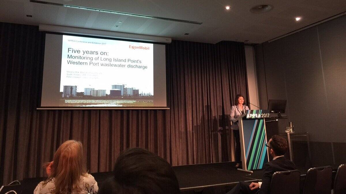 Image Photo — At the 2017 APPEA conference in Perth, ExxonMobil Environment and Regulatory Adviser Melanie Bok presented a peer-reviewed paper on a study measuring impacts of wastewater discharges from the Long Island Island Point plant.
